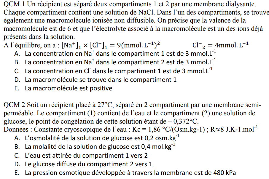 QCM Equilibre De Donnan UE3 Biophysique Tutorat Associatif Toulousain